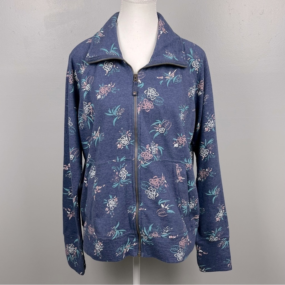 Sherpa full zip recycled cotton poly blend floral sweat jacket, size large.